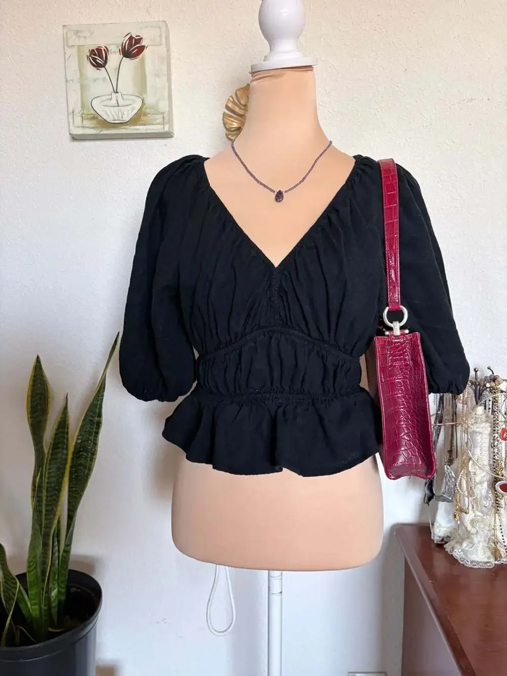 Abercrombie & Fitch Black Ruched Peplum Top
